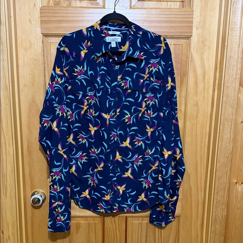 Coolibar Men's Navy Parrot Print UPF 50+ Long Sleeve Shirt, Size Large.